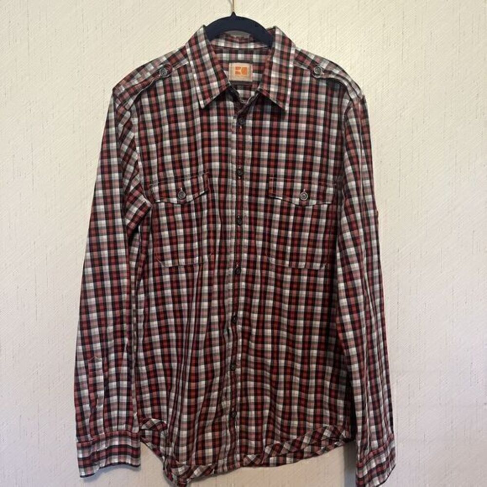 Hugo Boss Orange Label Men Size L Check Cotton Tuck‎ Sleeves Casual Shirt